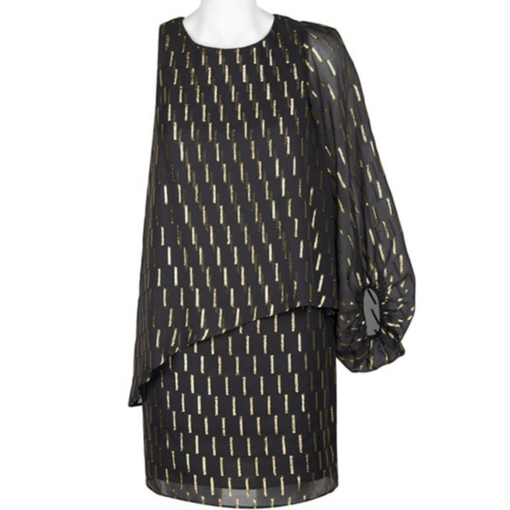 NWOT Laundry by Shelli Segal black metallic gold chiffon dress
